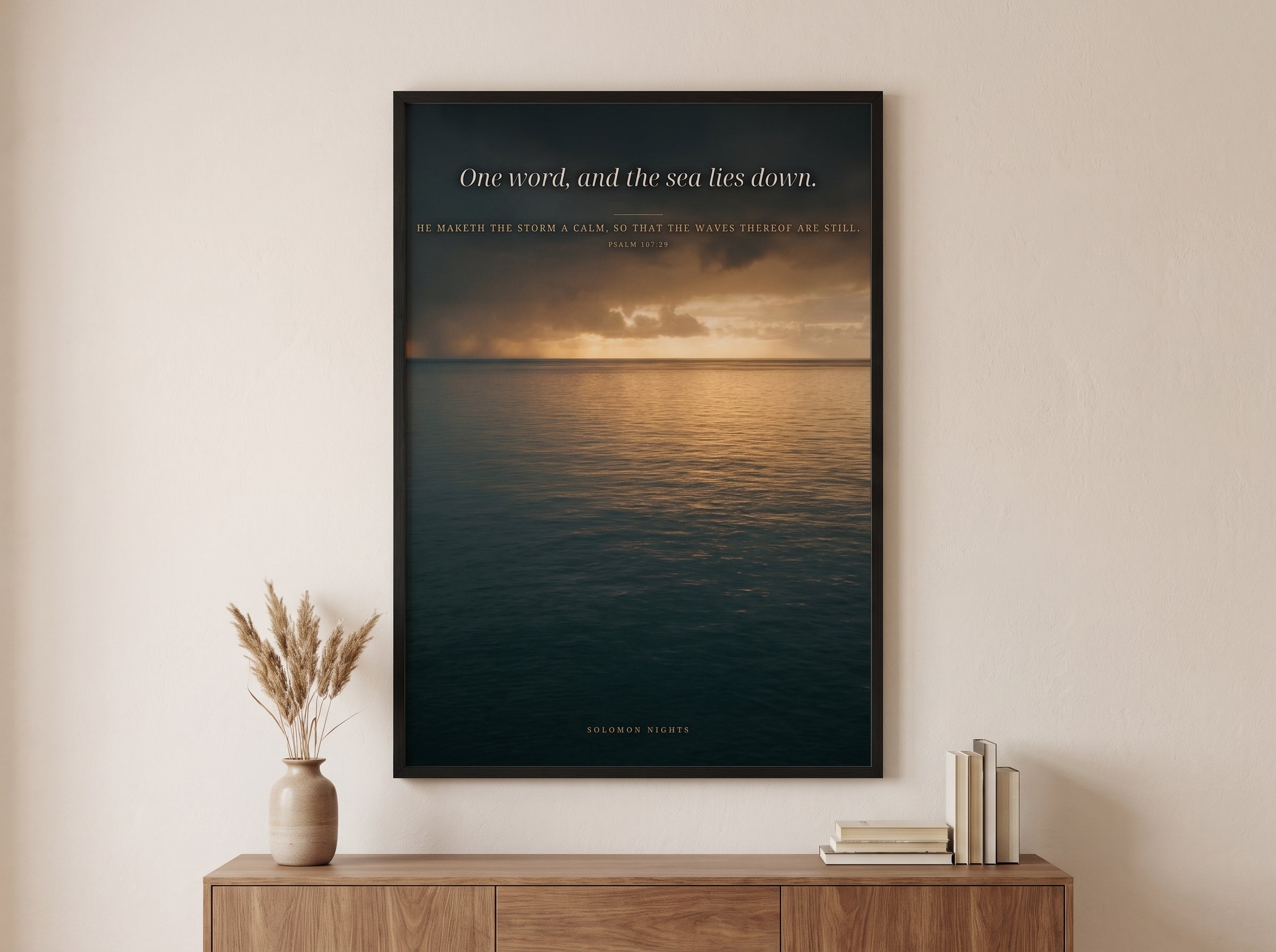 The Sea Lies Down print framed on a wall