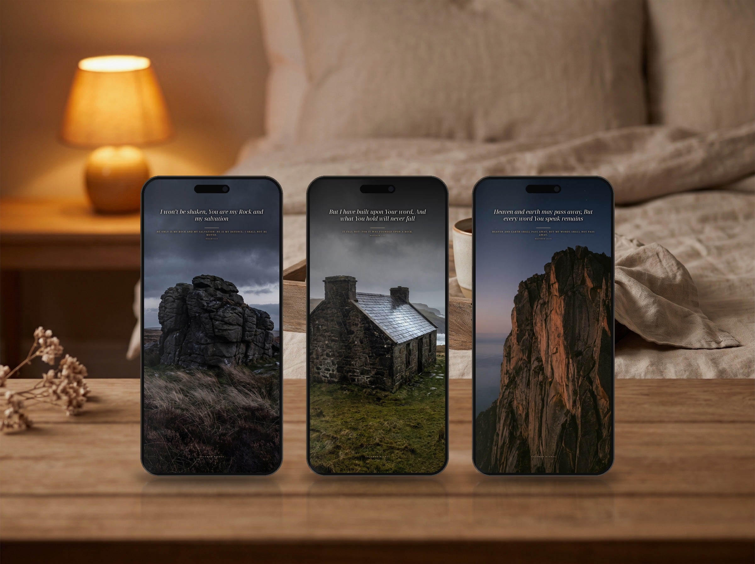 All three phone wallpapers from this set shown on three phones